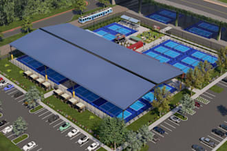 design realistic sport complex,paddle court 3d rendering,3d tennis visualization