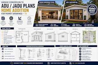 create garage conversion to adu, jadu plans home addition for permit drawings tx