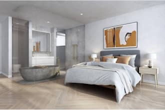 design a luxury bedroom and ensuite bathroom with 3d rendering