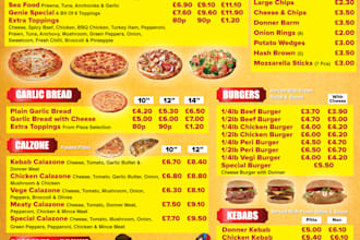 design a professional takeaway menu, restaurant menu and food menu
