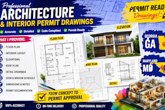 architecture and interior permit drawing, floor plan elevation roof plan detail
