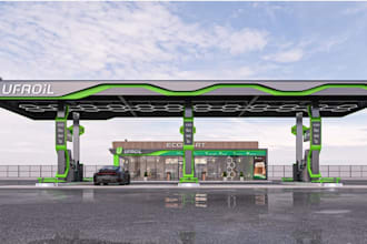 design 3d filling station fuel pump car park, shops  convenience store rendering