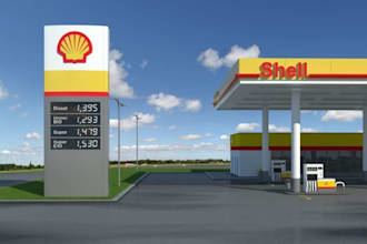 design 3d filling station fuel pump car park, shops  convenience store rendering