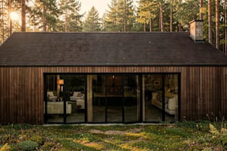 modern countryside cabin house,open floor plan, farmhouse interior,cgi landscape