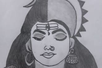 pencil drawing, art, drawing of god half shiva half shakti