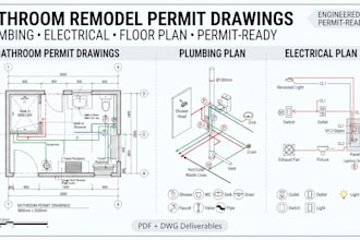 engineer bathroom remodel permit drawings with plumbing and electrical plans