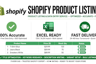 do shopify product listing and  excel product data entry