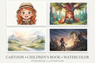 create cartoon, childrens storybook, watercolor illustrations and animated art