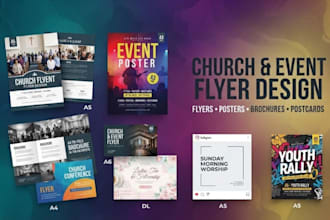 design premium church, event flyers, posters, brochures and postcards