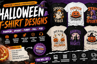 design halloween tshirt, pumpkin tshirt, spooky print on demand designs for etsy