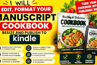 edit, format your manucript cookbook, resize and publish to kindle