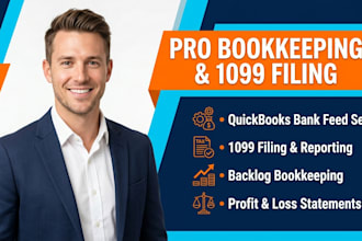do quickbooks bank feed setup, 1099 filing, backlog bookkeeping, profit and loss