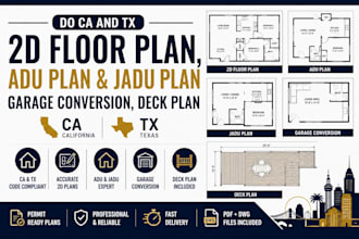 do ca and tx 2d floor plan, adu and jadu plan, garage conversion, deck plans