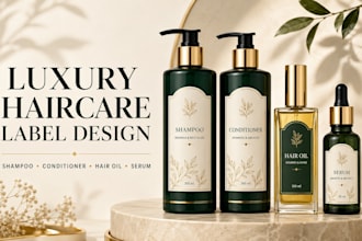 design luxury shampoo, conditioner, hair oil, serum and haircare product labels