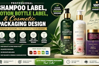 shampoo label design, lotion bottle label, cosmetic product packaging design