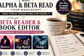 be your beta reader for romance, cozy mystery, and fantasy manuscript