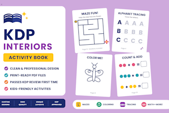 design printable KDP activity book interiors, kids worksheets and coloring pages