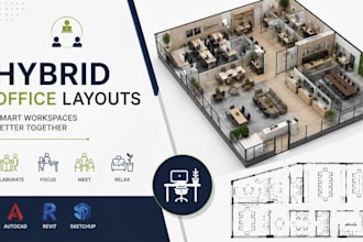 design hybrid office layouts, workspace planning, architectural plans