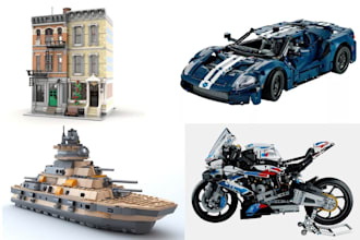 design lego moc car, bike, ship, house and minifigure with xml part list