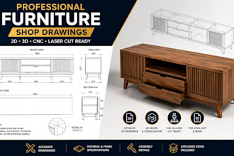 design custom carpentry, millwork 2d, 3d furniture and woodworking shop drawing