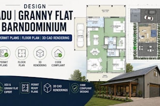 design adu permit plans,granny flat floor plan and barndominium 3d cad rendering