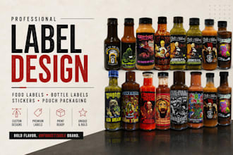 design food product label, hot sauce labels, stickers, pouch packaging for brand