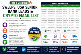offer hot sweeps leads, USA elderly age leads, bank leads, crypto email list