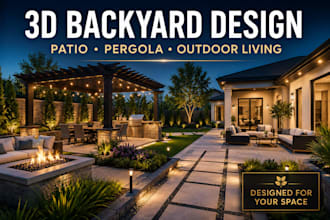 design a 3d backyard landscape with patio pergola and outdoor living