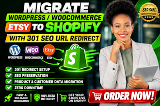 migrate wordpress woocommerce etsy to shopify store with 301 SEO url redirect
