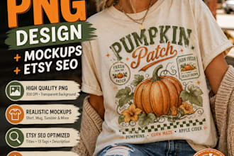 create custom png designs, product mockups and etsy SEO