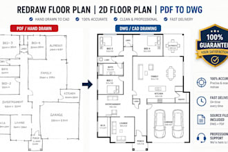 redraw floor plan, 2d floor plan and convert pdf to dwg