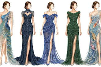 sketch haute couture pearl and beads work gowns with production tech pack