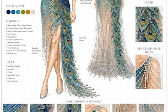 sketch haute couture pearl and beads work gowns with production tech pack