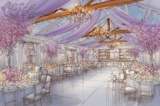 draw event sketch, wedding venue illustration, wedding flower decor