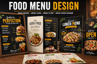 design restaurant menu flyer, signage design, door hanger, digital menu board