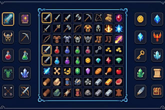 pixel art game ui, hud, menu, gui, buttons, icons design for rpg, mobile games