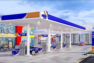 model 3d design and render gas, ev charging, fuel station, commercial project