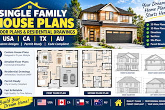 create single family house plans, floor plans and residential drawings USA ca tx
