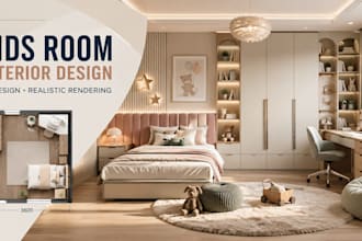 design kids room interior, kids bedroom and nursery with 3d rendering