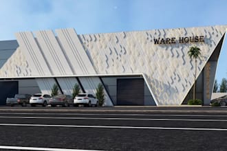visualize modern warehouse exterior, steel glass facade, geometric facade render