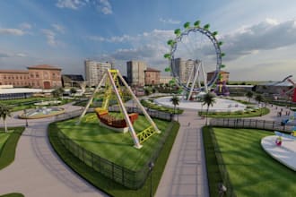 develop 3d kids carousel area,amusement park render,3d playground,rv park design
