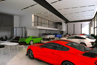 design 3d car showroom, display center, car dealership, auto mobile workshop