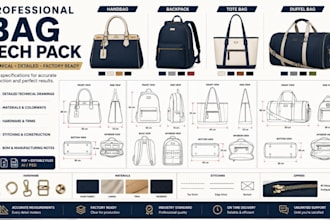 design a fashion bag, handbag and backpack tech pack for manufacturing