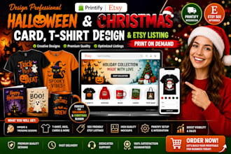 design halloween christmas card  tshirt printify etsy listing print on demand