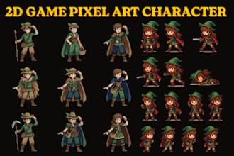 design 2d game pixel art characters, rpg charaters and game sprite