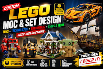 design lego moc sets, toys, technic cars, brickheadz, ships with instructions