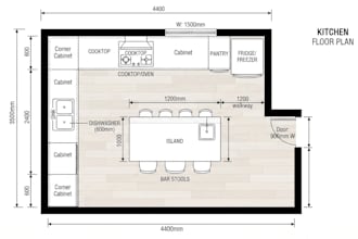 draw a detailed 2d kitchen floor plan and layout