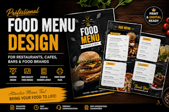 design a professional food menu for restaurants, cafes, bars and food brands