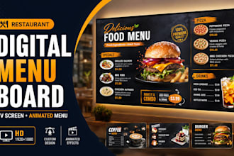 design digital menu board, restaurant tv screen menu or animated tv menu logo