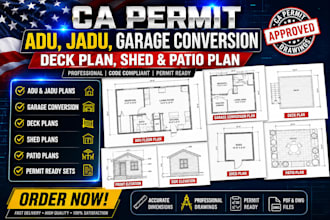 do california adu plan, deck plan, garage conversion, shed, jadu and patio plans